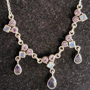 Vintage Romantic Multi Stone Sterling Silver Necklace  19-1/2" 14.2g